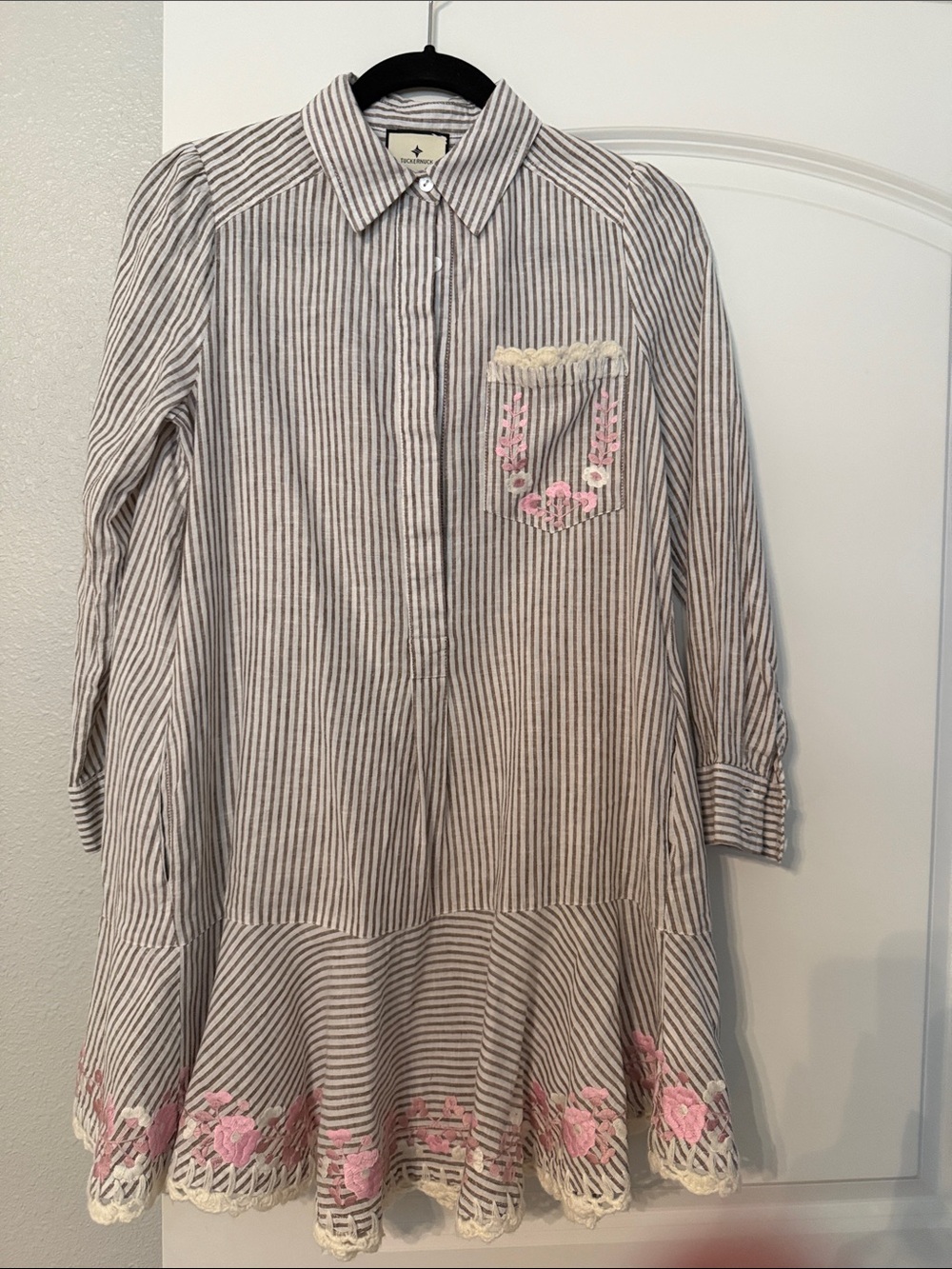 Tuckernuck Cream and Pink Striped Mini Dress with Embroidered Hem